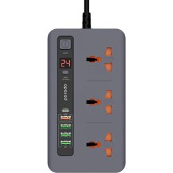 Porodo 4 AC Socket Power Strip | 3000W Output | 2x USB-C PD | 2x USB-A QC 3.0 | Surge Protection - Gray