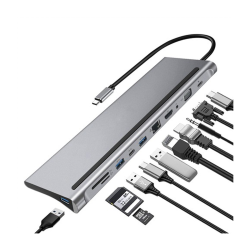 Powerology 12 in 1 USB-C Hub Adapter with 4K HDMI, VGA, Gigabit Ethernet, 100W PD, and SD/TF Readers